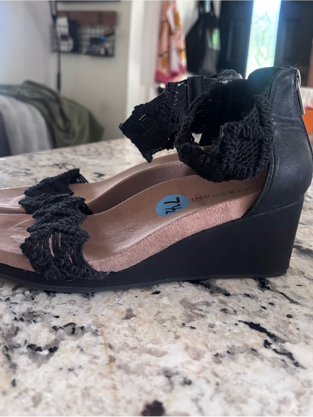 Lucky Brand Black Braided Ankle-Strap Wedge Sandals